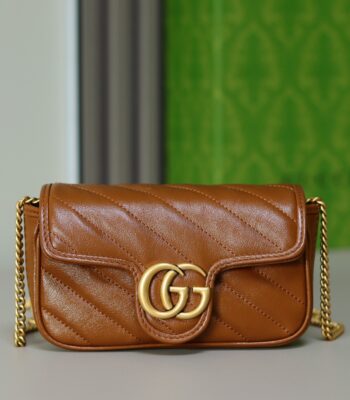 Gucci Brown Diagonal Matelassé Leather Super Mini GG Marmont Shoulder Bag
