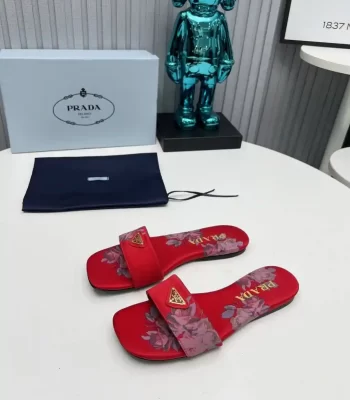 Prada Red Logo Plaque Slip-On Leather Satin Slides Flat Sandals