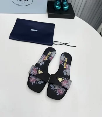 Prada Satin Slides Logo Plaque Slip-On Leather Black Slippers