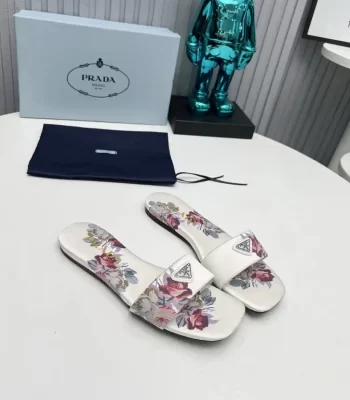 Prada Satin Slides Logo Plaque Slip-On Slippers Leather White