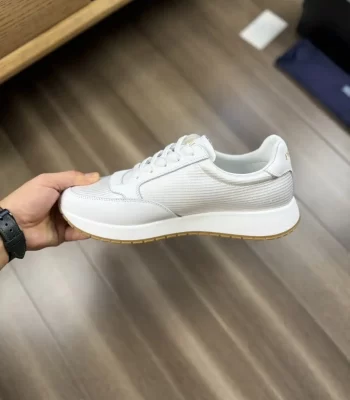 Prada Triangle-Logo Suede Leather White Sneakers